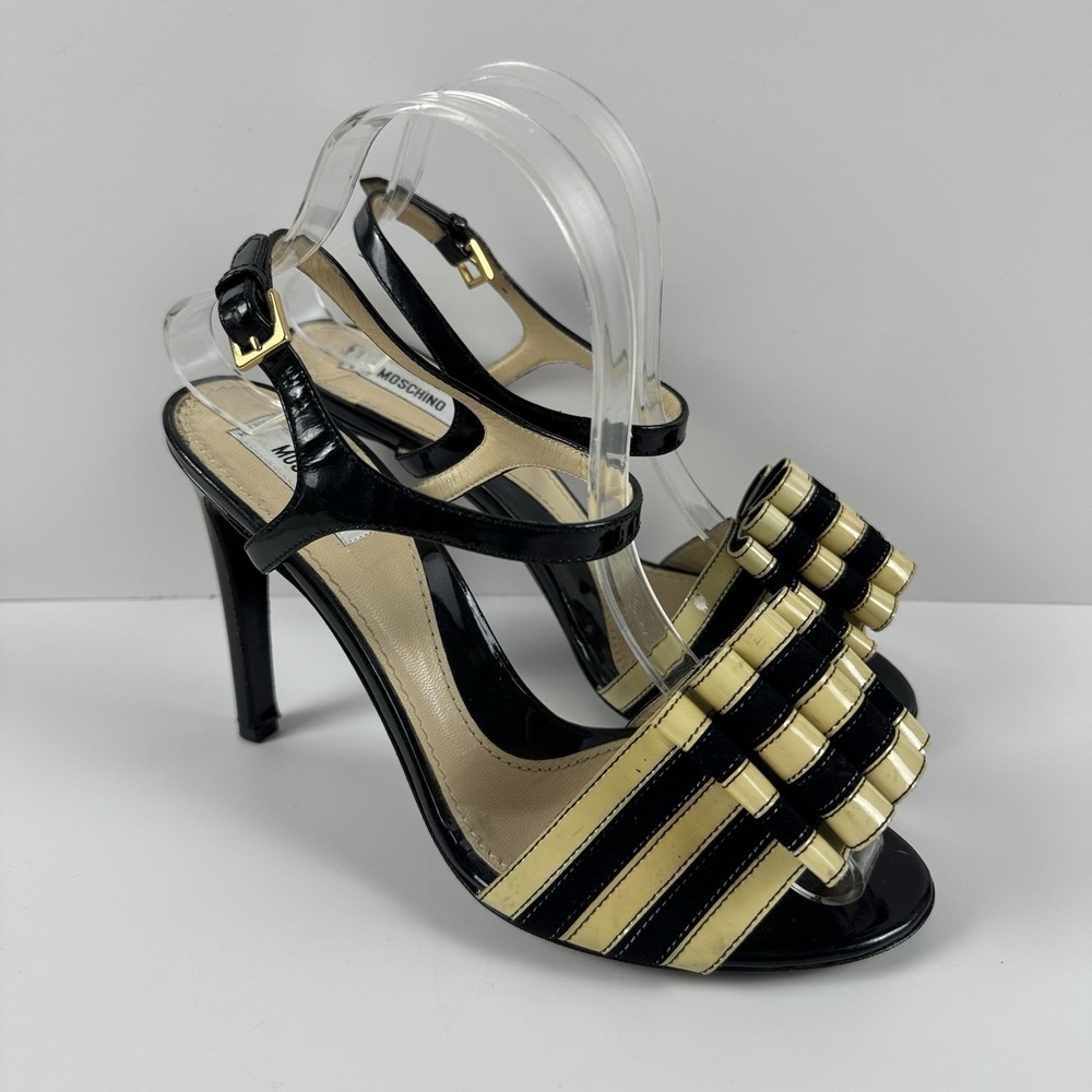 MOSCHINO Black Ivory Ruffle Bow Heels Stiletto Sandal Sz 39.5 US 9.5